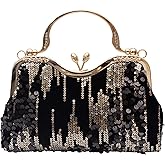 lapulio Vintage sequined velvet evening bag flower hardware handbag suitable for banquet wedding party formal occasions