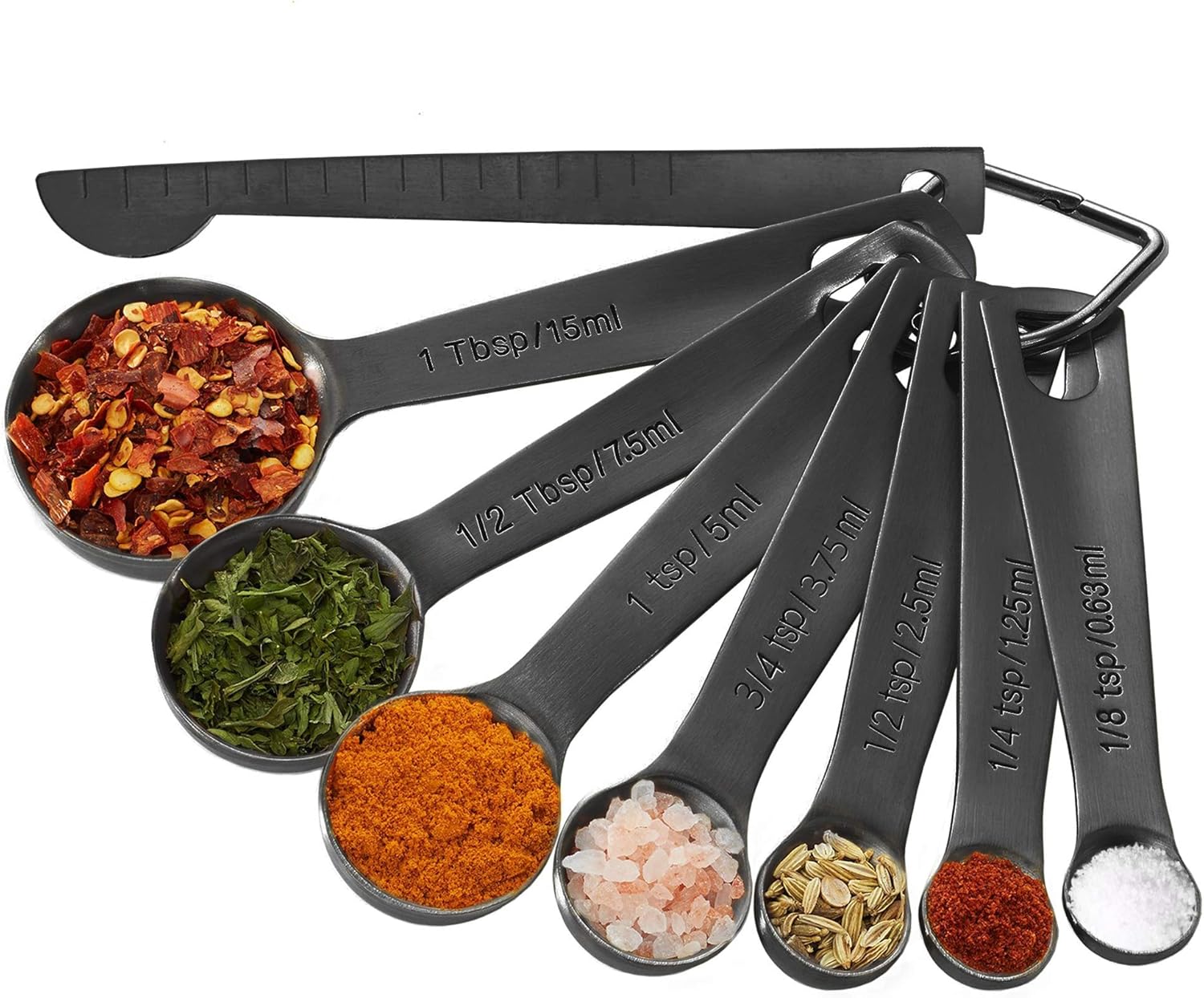 Black Measuring Spoons Heavy Duty 18/8 Stainless Steel Measuring Set of 8 with Leveler includes: 1/8 tsp, 1/4 tsp, 1/2 tsp, 3/4 tsp, 1 tsp, 1/2 tbsp, 1 tbsp for Dry and Liquid Ingredients by Homestia: Kitchen & Dining