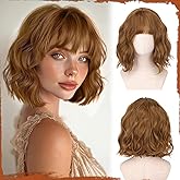 SOFEIYAN Short Wavy Auburn Wig - 12 Inch Dark Ginger Bob Wig with Bangs for Women Curly Shoulder Length Bob Wig with Bangs Soft Synthetic Hair Wigs for Girls Daily Party Use