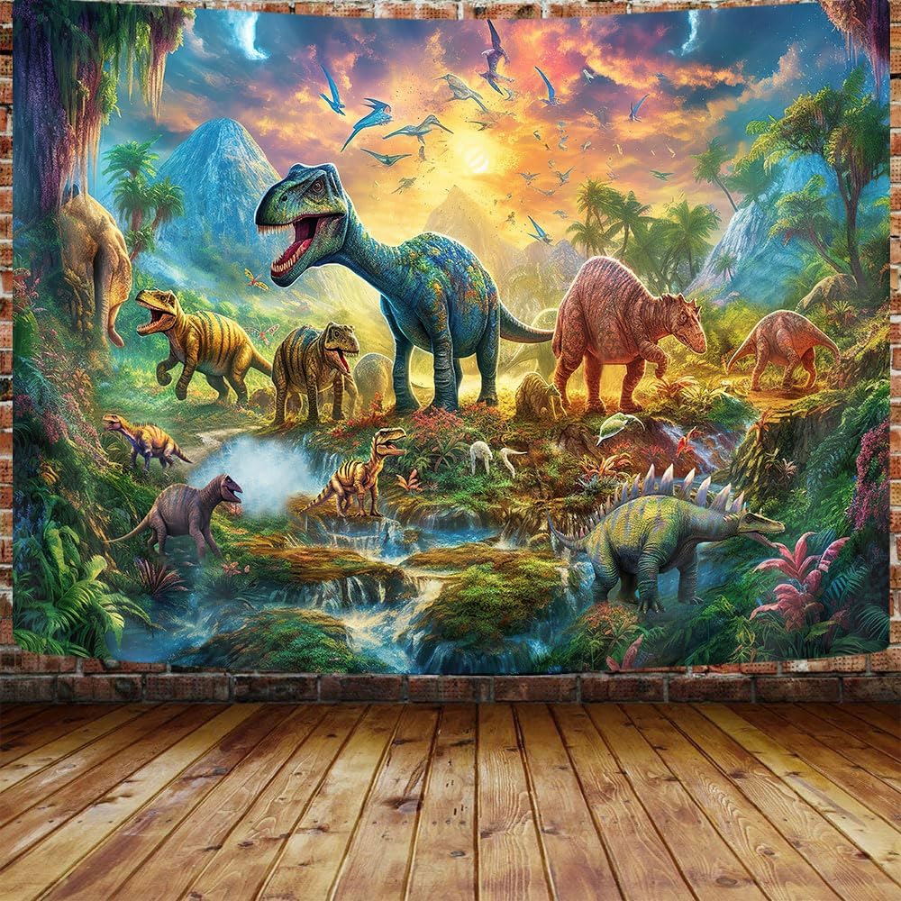 Tapestries - GOAOK Dinosaur Decor Tapestry for Kids Boys Bedroom, Jurassic Dino Forest Anicient Animals Fairytale Tapestries Wall Hanging for College Dorm Home, Funny T-Rex Poster Blanket 60X40 Inch