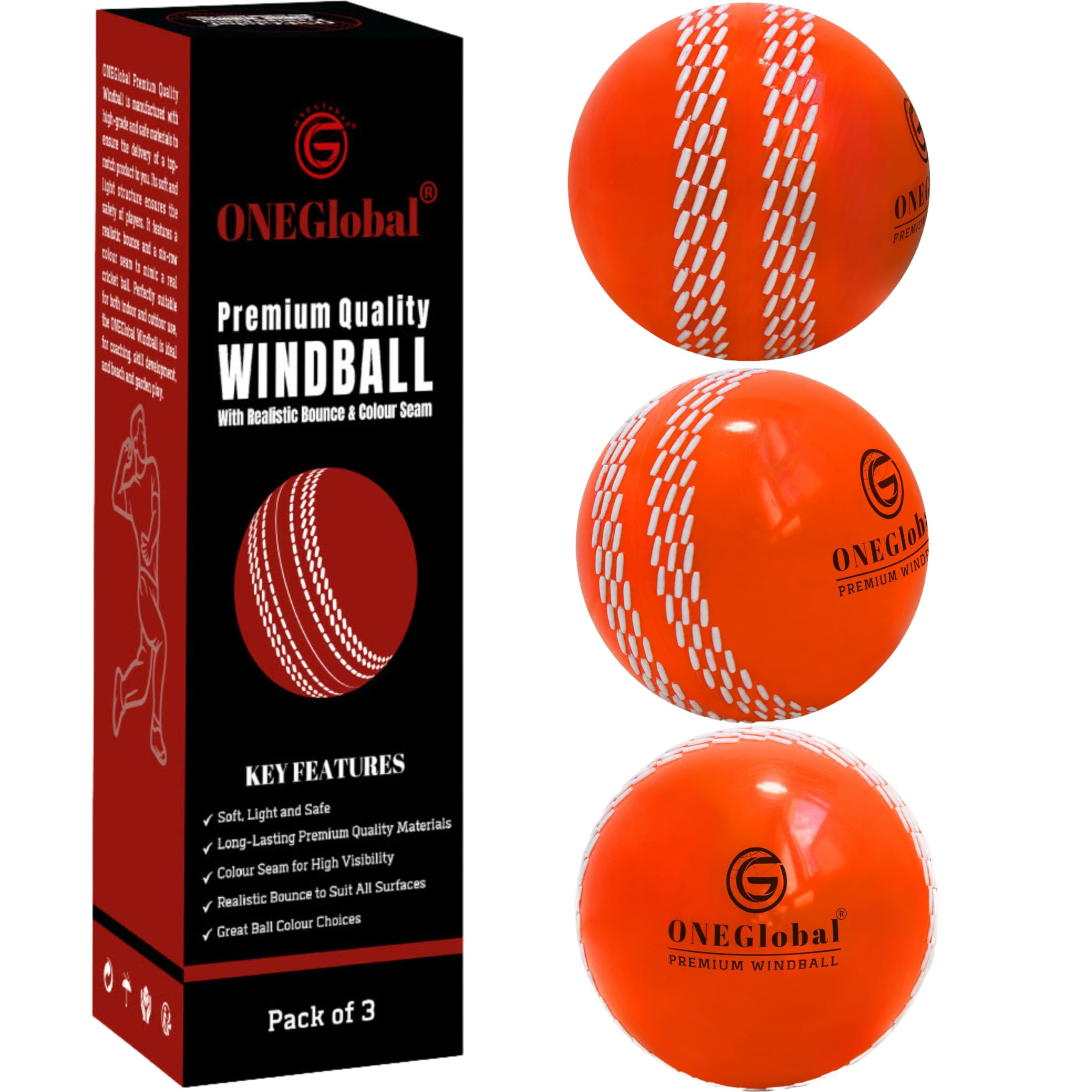 ONEGlobal Premium Windball Soft Cricket Ball | Durable & Safe, Colour Seam, True Bounce & Swing | Wind Ball for Outdoor & Indoor Practice, Coaching, Garden & Beach Games (3-Orange) — image 1