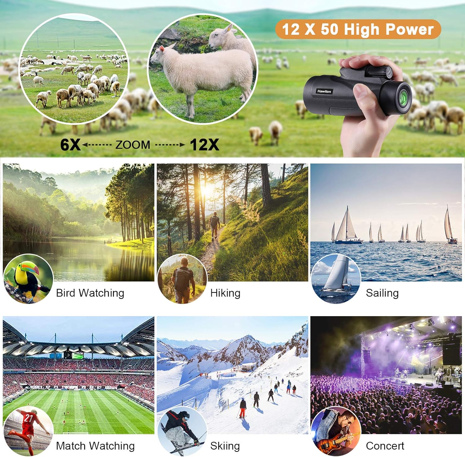 Hawiton Monocular Telescope High Power with Smartphone Holder & Tripod- 12X50 HD FMC Lens & BAK4 Prism Dual Focus Optics Zoom, Low-Light Night Vision Waterproof Monocular Binoculars for Bird Watching: Home Audio & Theater