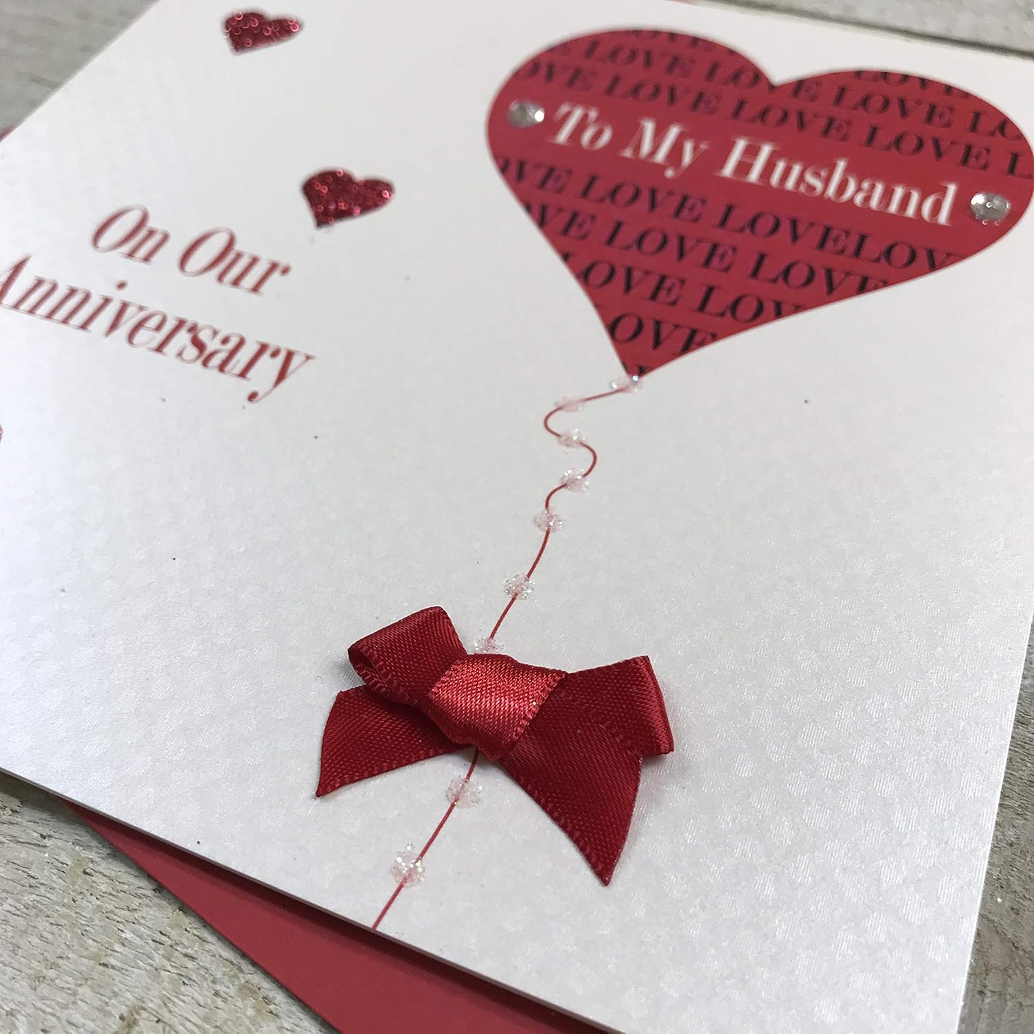 White Cotton Cards Husband Anniversary Handmade Card with Heart and Balloon, White, PD90, 16CM X 16CM - Image 4