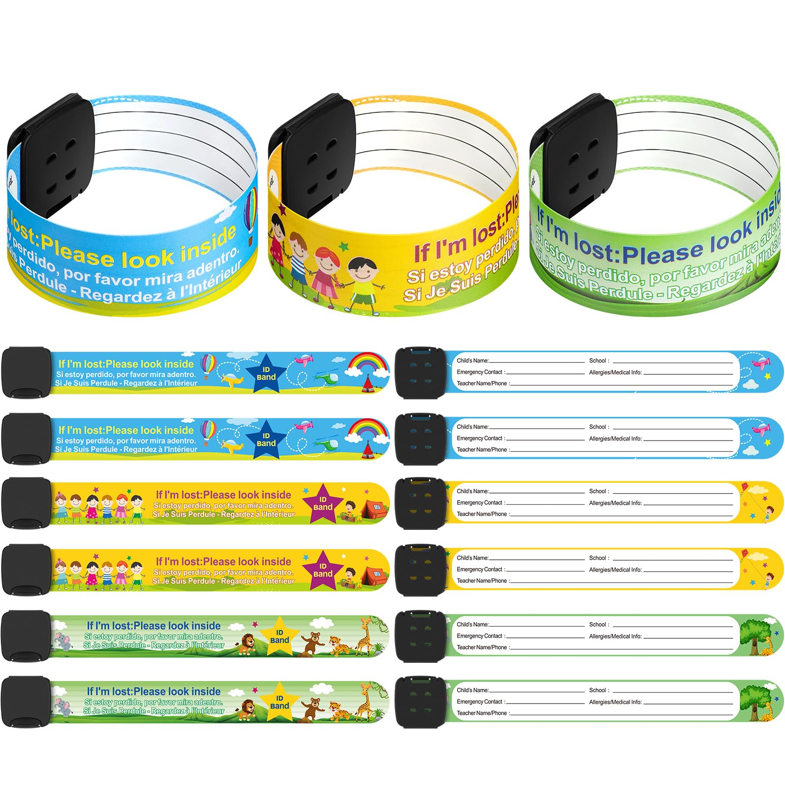 Photo 1 of Blosssound 12 Pcs Kids ID Bracelets Safety Identification Wristband Reusable Child Waterproof ID Band Adjustable Anti Lost Wristband for Boys and Girls Travel Outdoor Activities