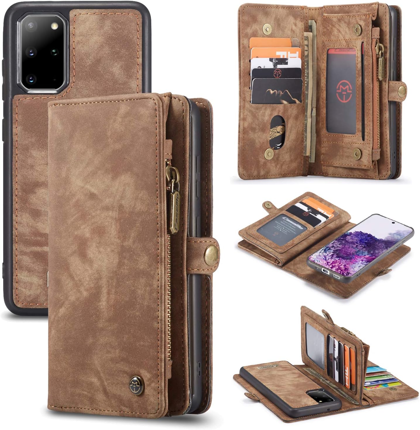 Galaxy S20+ Plus Wallet Case,AKHVRS Handmade Premium Cowhide Leather Wallet Case,Zipper Wallet Case [Magnetic Closure] Detachable Magnetic Case & Card Slots for Samsung Galaxy S20+ Plus - Brown