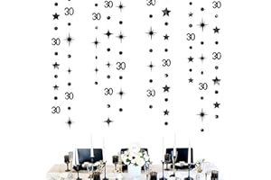 PINKBLUME Black 30th Birthday Decorations Number 30 Circle Dot Twinkle Star Garland Metallic Hanging Streamer Bunting Banner Backdrop for Mens Womens Happy Dirty 30 Year Old Thirty Anniversary Party Supplies