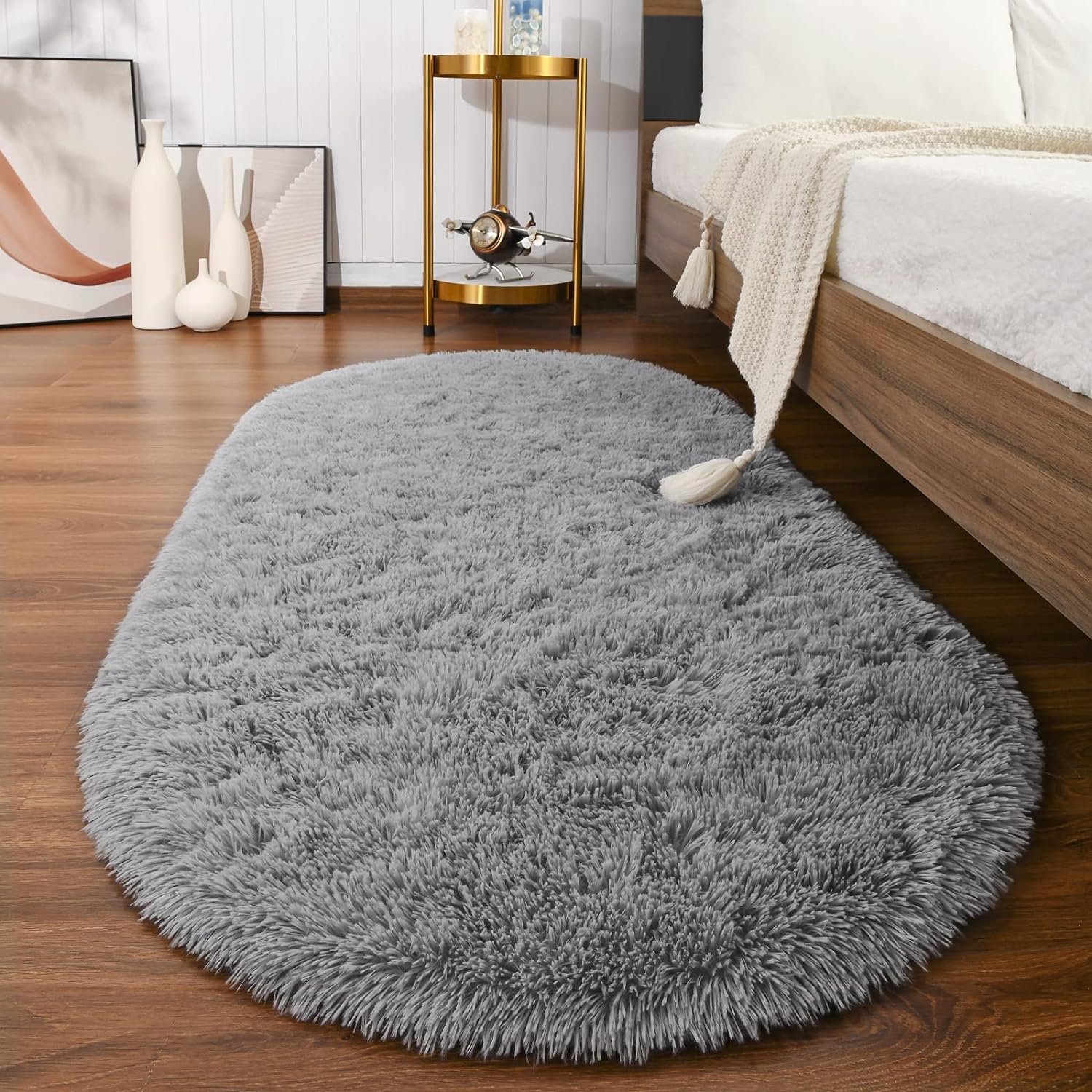 Rugs, Pads & Protectors - Softlife Fluffy Rugs for Bedroom, Shag Cute Area Rug for Girls and Kids Baby Room Home Decor, 2.6 x 5.3 Feet Oval Indoor Carpet for Nursery Dorm Living Room, Grey