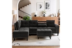 Topcomfy 97.5" L Shaped Couch Set, Modular Sectional Couches for Living Room with Storage Ottoman, 4 Seat Home Sofa Living Room Furniture Sets with Chaise for Apartment Office (Linen, Dark Grey)