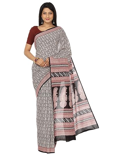 Finest Quality Cotton - Handmade White base Saree with Red and Black Booti and Bold Prints - Bagh Block Print Saree with Blouse Piece