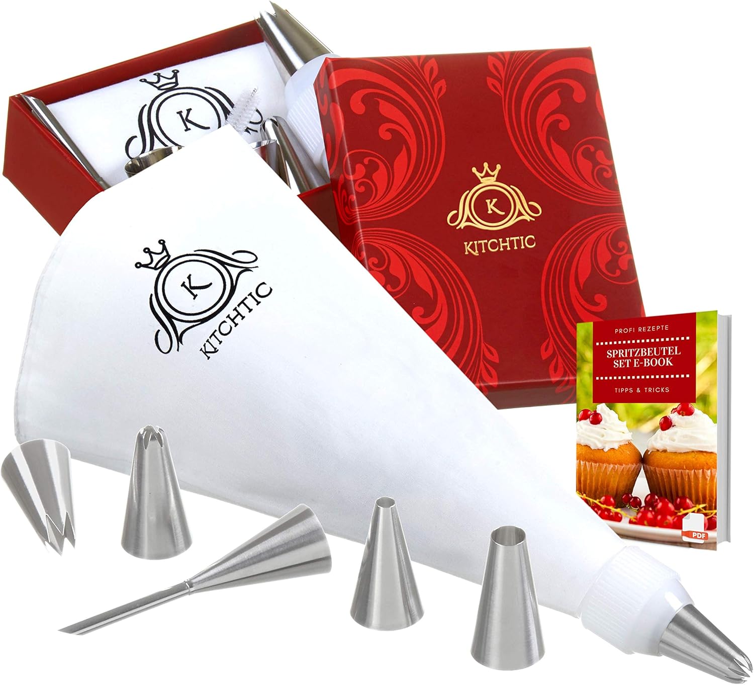 KITCHTIC® Premium Spritzbeutel Set - Großer Spülmaschinenfester Mehrweg Spritzsack aus Baumwolle mit Geschenksbox, 6 Edelstahl Spritztüllen, Adapter, Reinigungsbürste und E-Book mit Tipps & Tricks