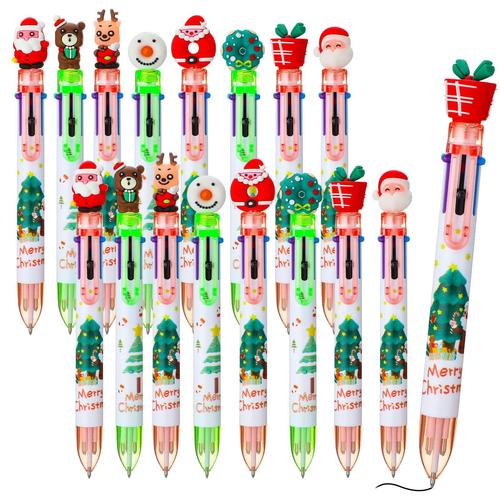 Tenare 16 Pack Christmas Ballpoint Pens Xmas Santa Theme Novelty 10-in-1 Retractable Marker Multicolor Pens for Students Gift Office Christmas Party Stationery Supplies(Stylish Style)