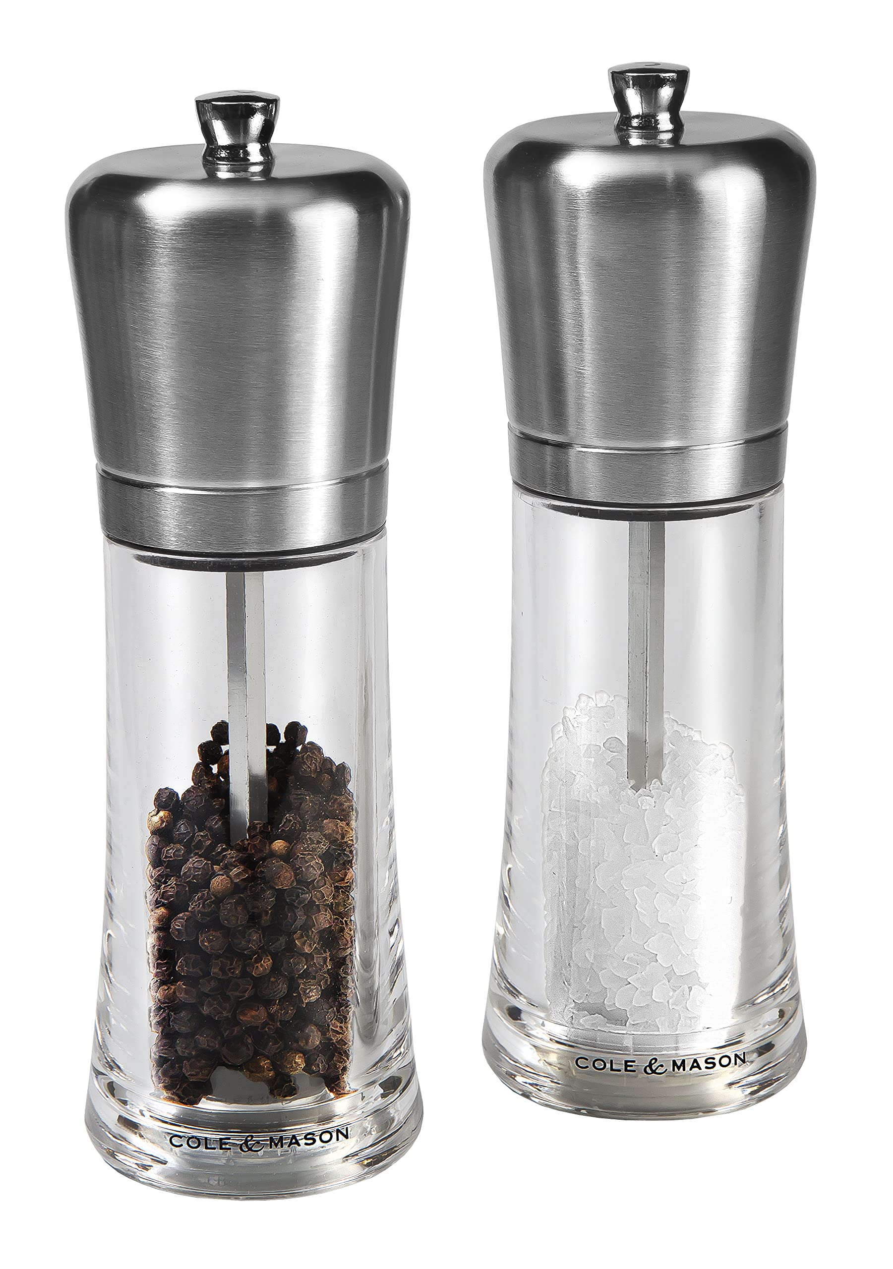 Cole & Mason H307498P Sandown Salt and Pepper Mills, Precision+, Stainless Steel/Acrylic, 180 mm, Gift Set, Includes 2 x Salt and Pepper Grinders