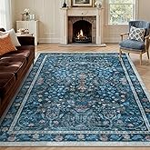 LIVEBOX Blue Washable Area Rug 8x10, Soft Floral Rugs for Living Room, Boho Distressed Rugs for Bedroom Non Slip, Low Pile Vintage Indoor Carpet for Dining Room Home Decor