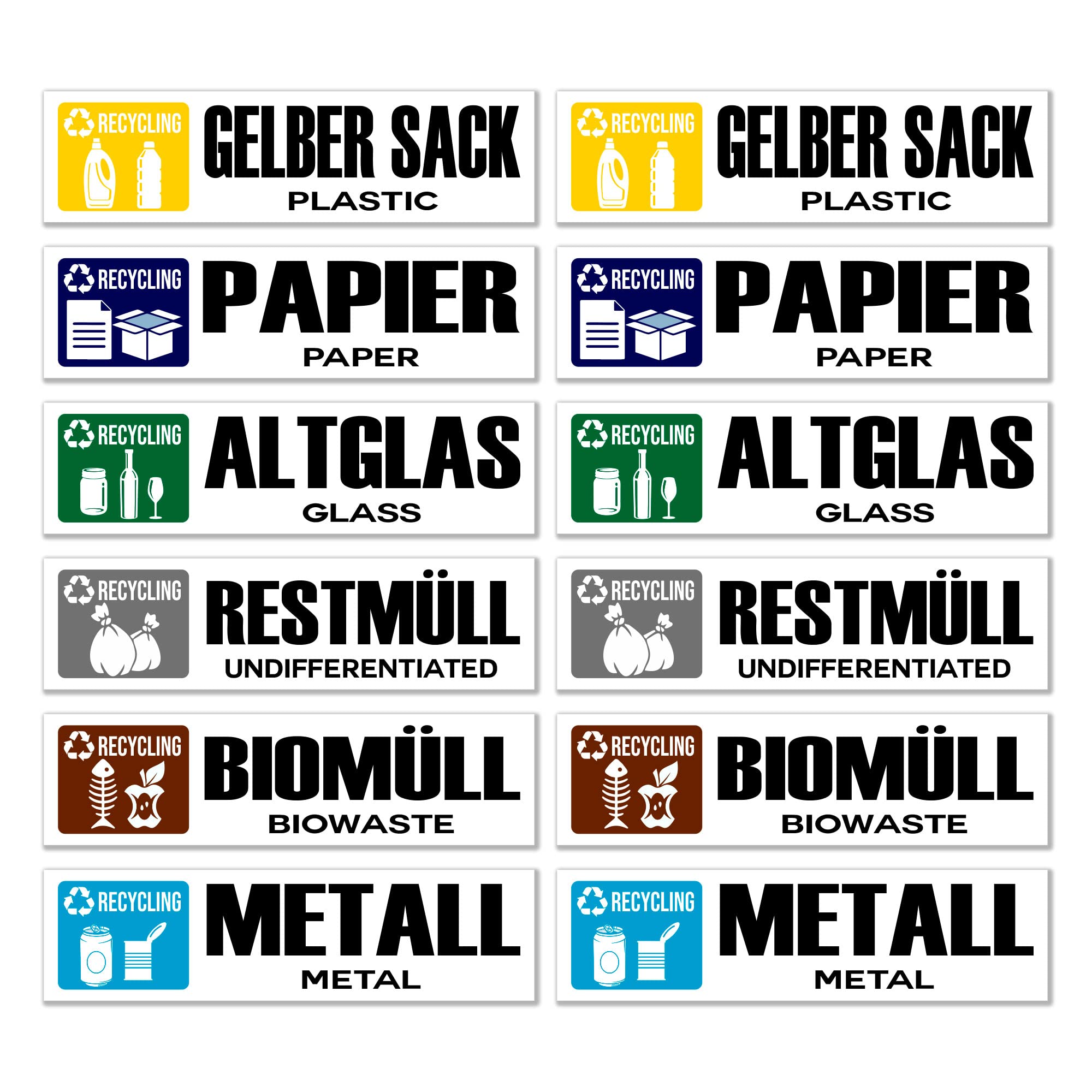 GamesMonkey® - Recycling Waste Recycling Stickers - DE v1 - Washable Raincoats Illustrated - German English - Glossy Vinyl DH (15x4cm, 12 Pieces)