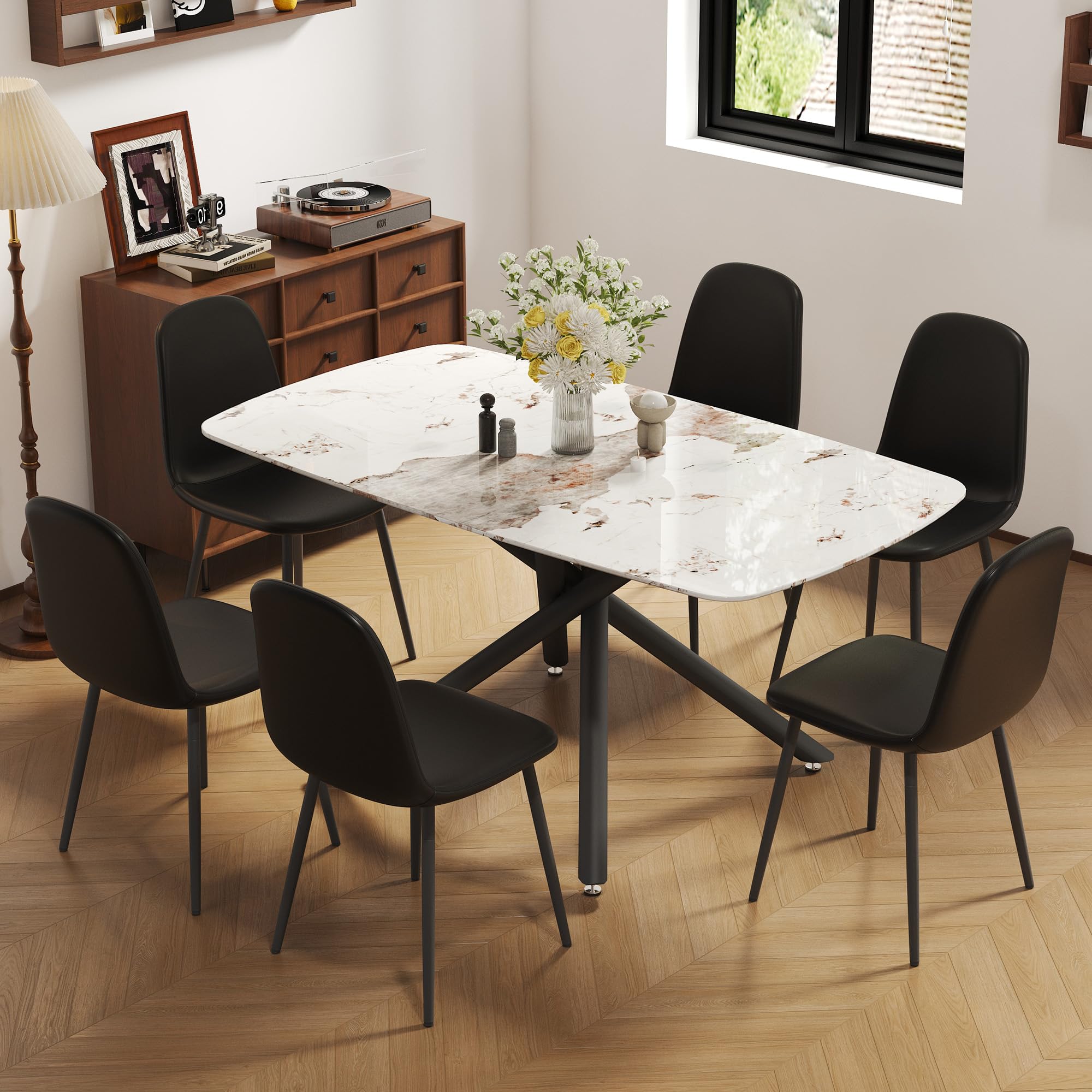 Photo 1 of KEIKI 7-Piece Dining Table Set for 6 Person, Modern Style Table Set with White Rectangular Marble-Patterned Tempered Glass Table and 6 PU Chairs, Easy Assembly, for Kitchen, Dining Room, White+Black