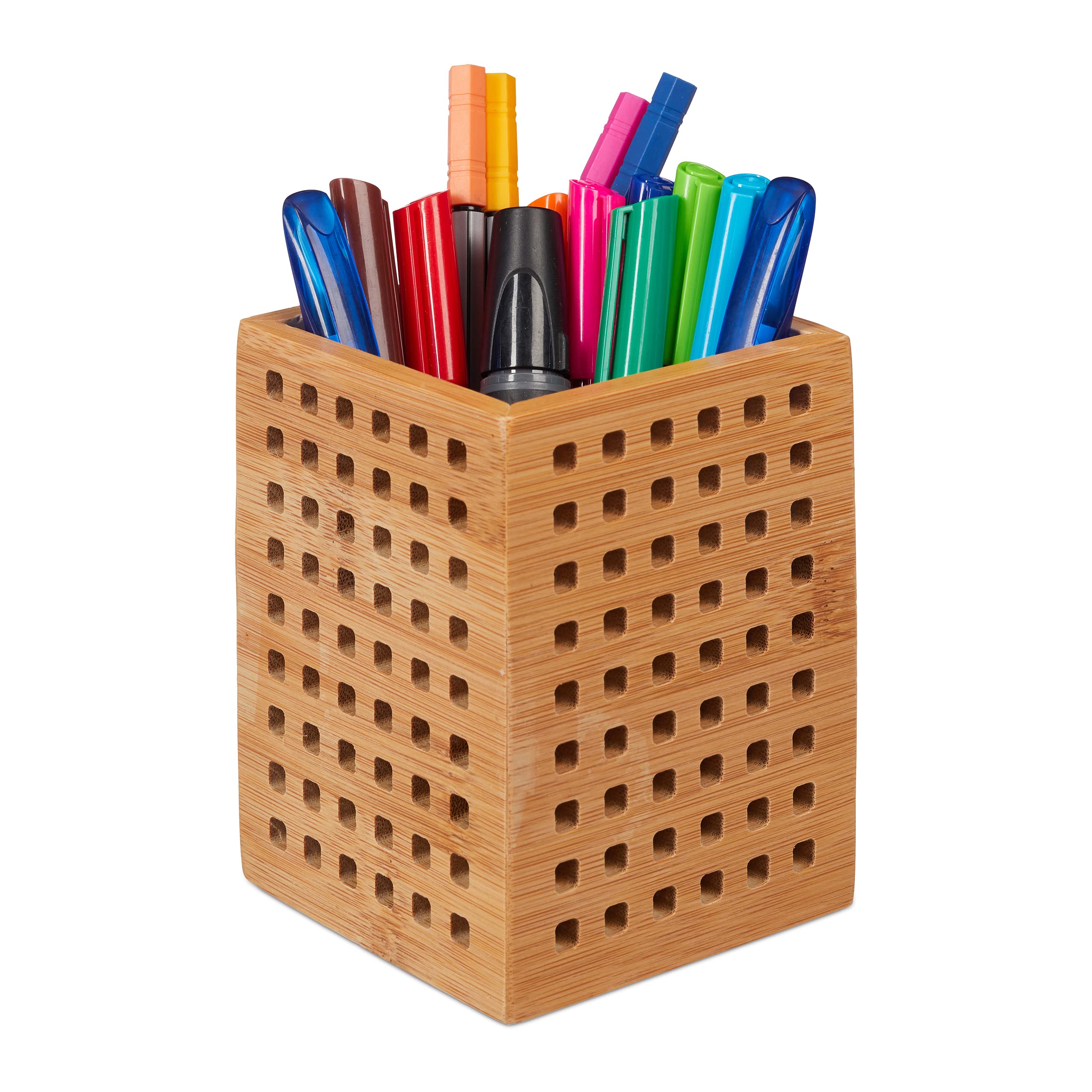 Relaxdays Bamboo Holder, Wooden Utensil Box for Pens and Scissors, Country-Style, HWD 11 x 9 x 9 cm, Natural, 11.5 x 9 x 9 cm