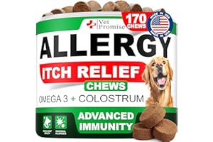 VET PROMISE Dog Allergy Relief Chews - 170 Dog Allergy Chews - Itch Relief for Dogs - Anti Itch for Dogs - Dry & Itchy Skin - Allergies & Immune Support Supplement, Omega 3 Fish Oil, Colostrum - Made in USA