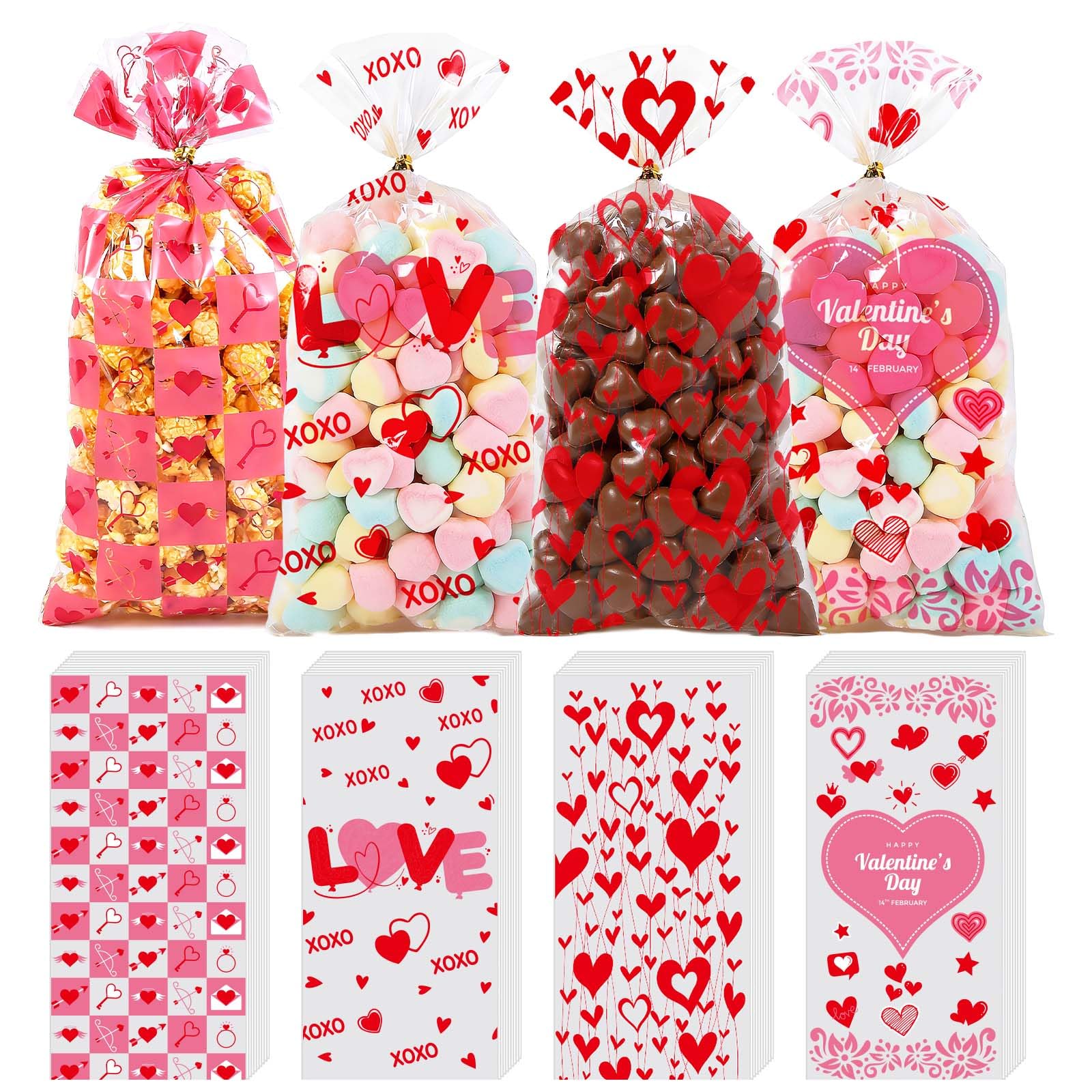 Photo 1 of ONFAON Valentines Bags, 180pcs Valentines Goodie Bags with 200pcs Twists for Snacks Cookies Candy Packing, Cellophane Treat Bags for Classroom Parties, Coworkers, Kids