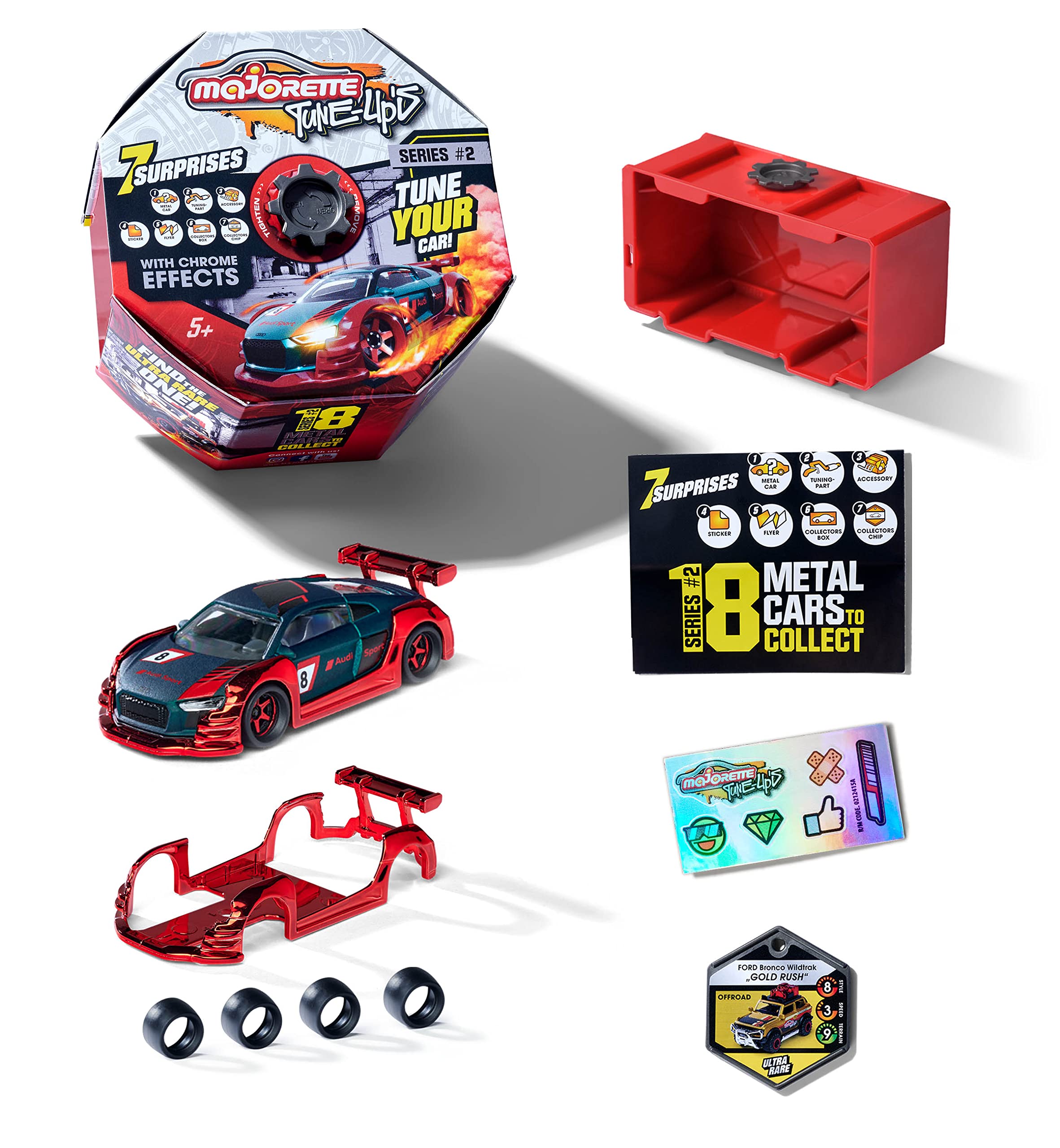 Majorette Tune Ups Series 2 - Chrome Effect Metal Toy Car with 7 Surprises, 1 of 18 Collectable Cars in Surprise Pack, Includes Tuning Accessories, Collectable Box and Stickers