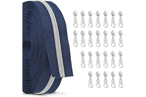 Zynzaoacs #5 Zipper by The Yard with Pulls, Continuous Navy Blue Tape (10Yds) and Rust-Proof Silver Pulls (25Pcs), Bulk Zippers for Sewing Bags and Purses, Cuttable Nylon Zipper Roll