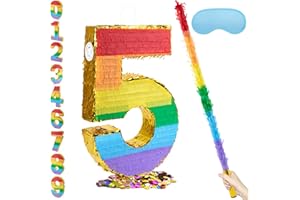 PCFING 20 Inch Number 5 Piñata Rainbow with 30 Inch Piñata Stick Blindfold Confetti for Boys Girls Adults Birthday Party Decorations, Anniversary Celebration, Fiesta