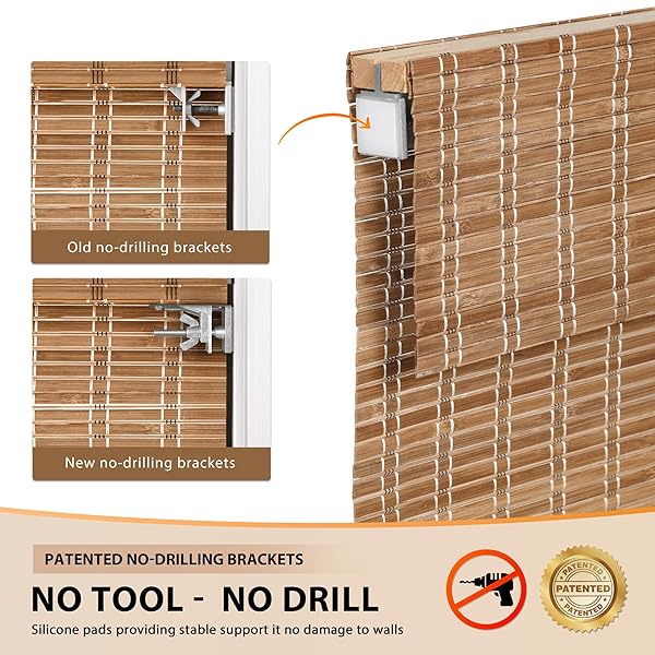 LAZBLINDS NO TOOLS NO DRILL CORDLESS BAMBOO ROMAN SHADES, LIGHT FILTERING WINDOW TREATMENT, ROLL UP BAMBOO BLINDS FOR WINDOWS 32” W X 64” H, BROWN
