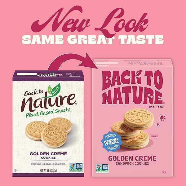 BACK TO NATURE GOLDEN VANILLA CREME SANDWICH COOKIES, PLANT BASED, NON-GMO, PLANT-BASED, MADE WITH WHEAT FLOUR, SNACK HAPPY 8.25 OZ BOX