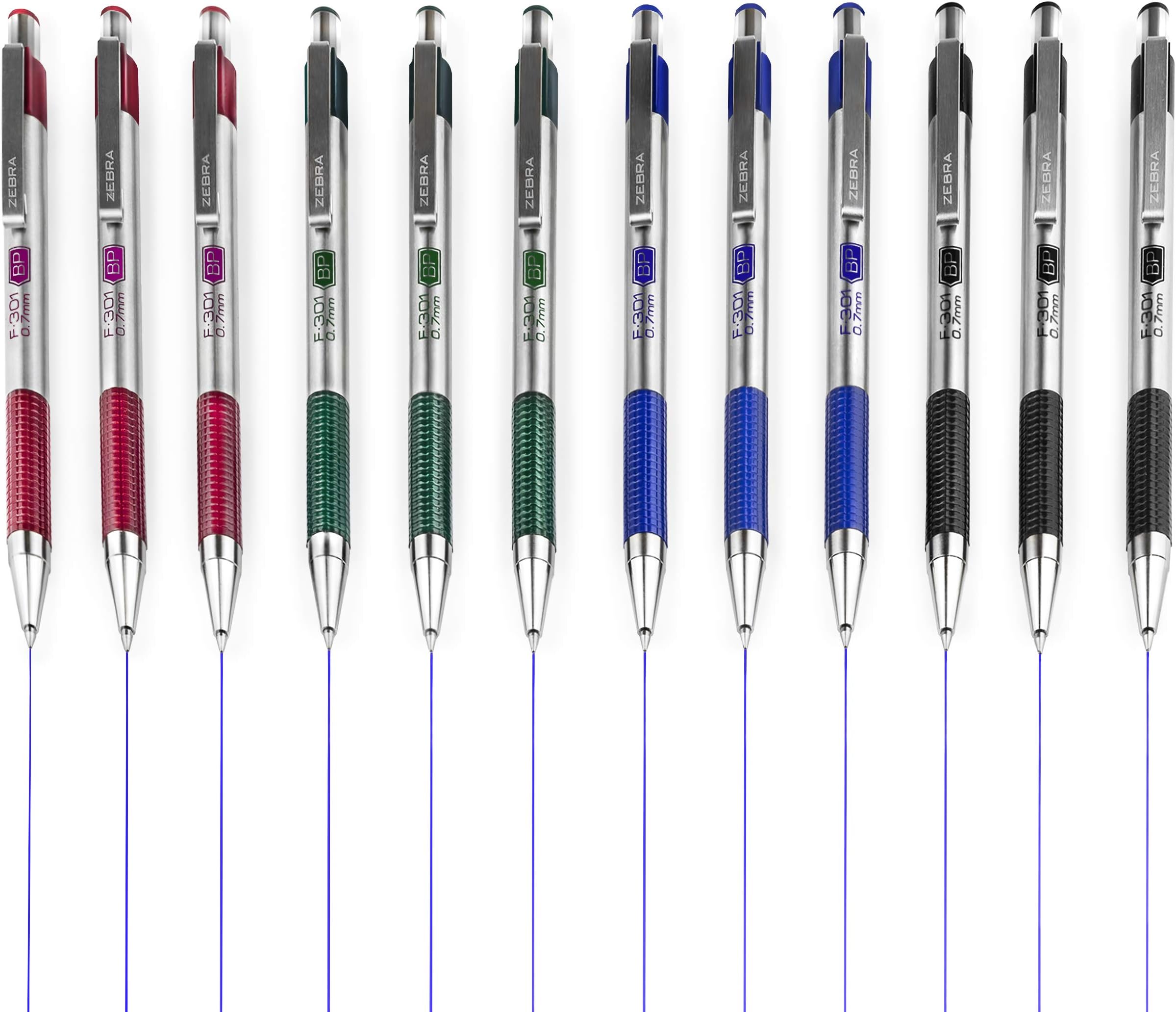 Zebra F-301 - Stainless Steel Retractable Ballpoint Pen - 0.7mm Medium - BLUE Ink - Black, Blue, Green, Maroon Barrel - Pack of 24