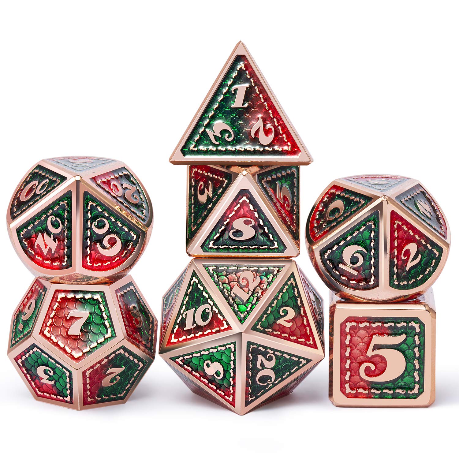 NaturalOne Dungeons and Dragons 7 Piece Solid Metal Dice set with Red, Green Scales and Copper Edges for D&D, Tabletop RPG Adventures and DND Games