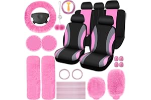 ROCEEI 43 Pcs Pink and Black Car Seat Cover Full Set for Women Christmas Fuzzy Car Accessories Fluffy Steering Wheel Cover Front Rear & Belt Handbrake Shift Accessory for Winter