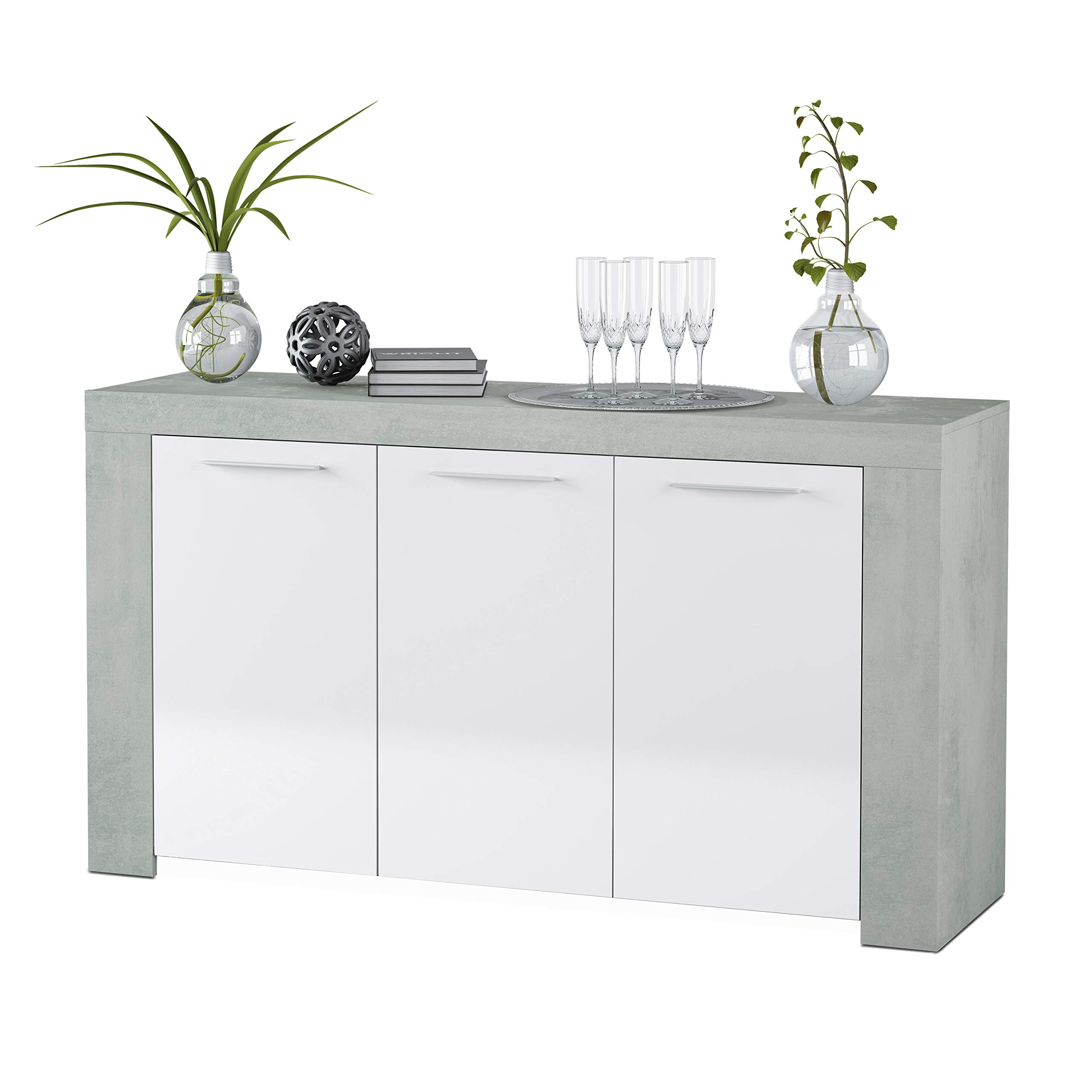 Aparador-Buffet-Moderno-Armario-Auxiliar-Comedor-Modelo-Ambit-Color-Blanco-Artik-y-Gris-Cemento-Medidas-144-cm