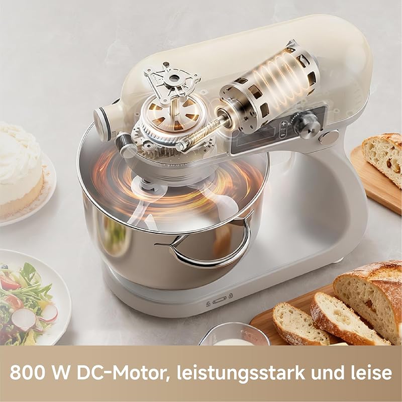 MX60 Küchenmaschine Standmixer Patentierter Doppelknethaken und ein lautloser 800-W-DC-Motor treiben die 6-L-Schüssel an. Intelligentes digitales Display, 12 Geschwindigkeiten