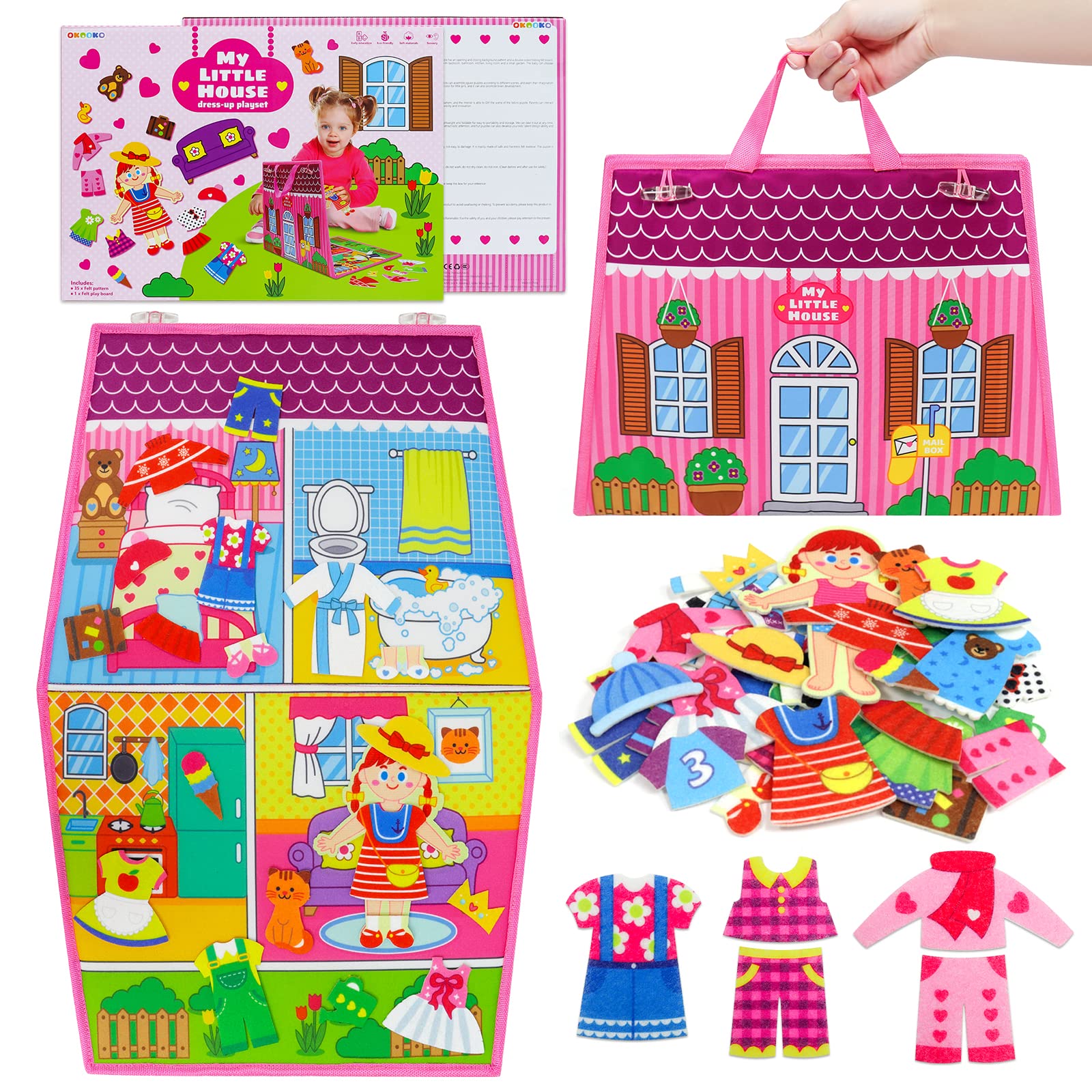OKOOKO 35PCS Dress Up House Felt Board, Storytelling & Dress-Up Play Set, Change Clothes Game, Double-Sided Foldable Flannel Board, Early Learning Interactive Play Kit for Toddlers & Kids