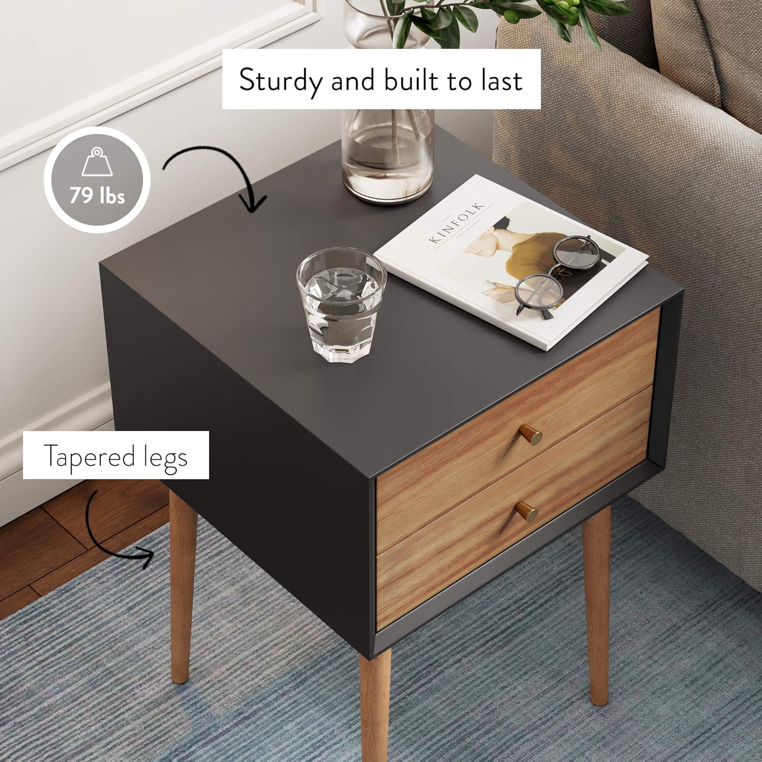 Nathan James Harper Mid-Century Side Table, 2-Drawer Wood Nightstand, Black/Brown: Furniture & Decor