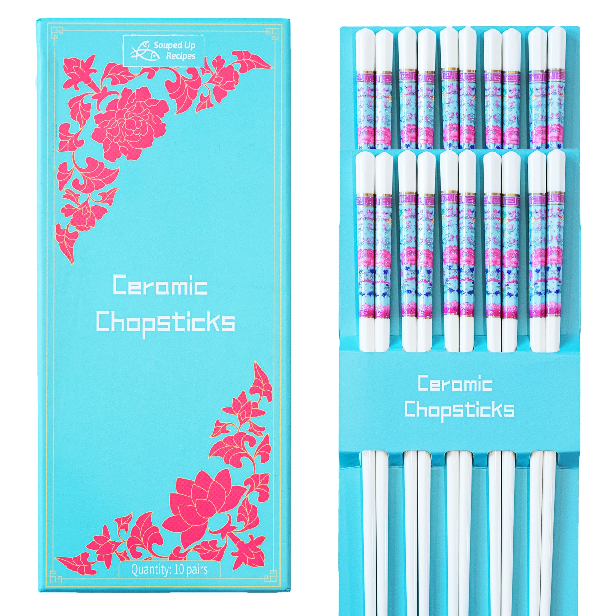 Long-Lasting Ceramic Chopsticks (10 Pairs) - Lotus Flower Design