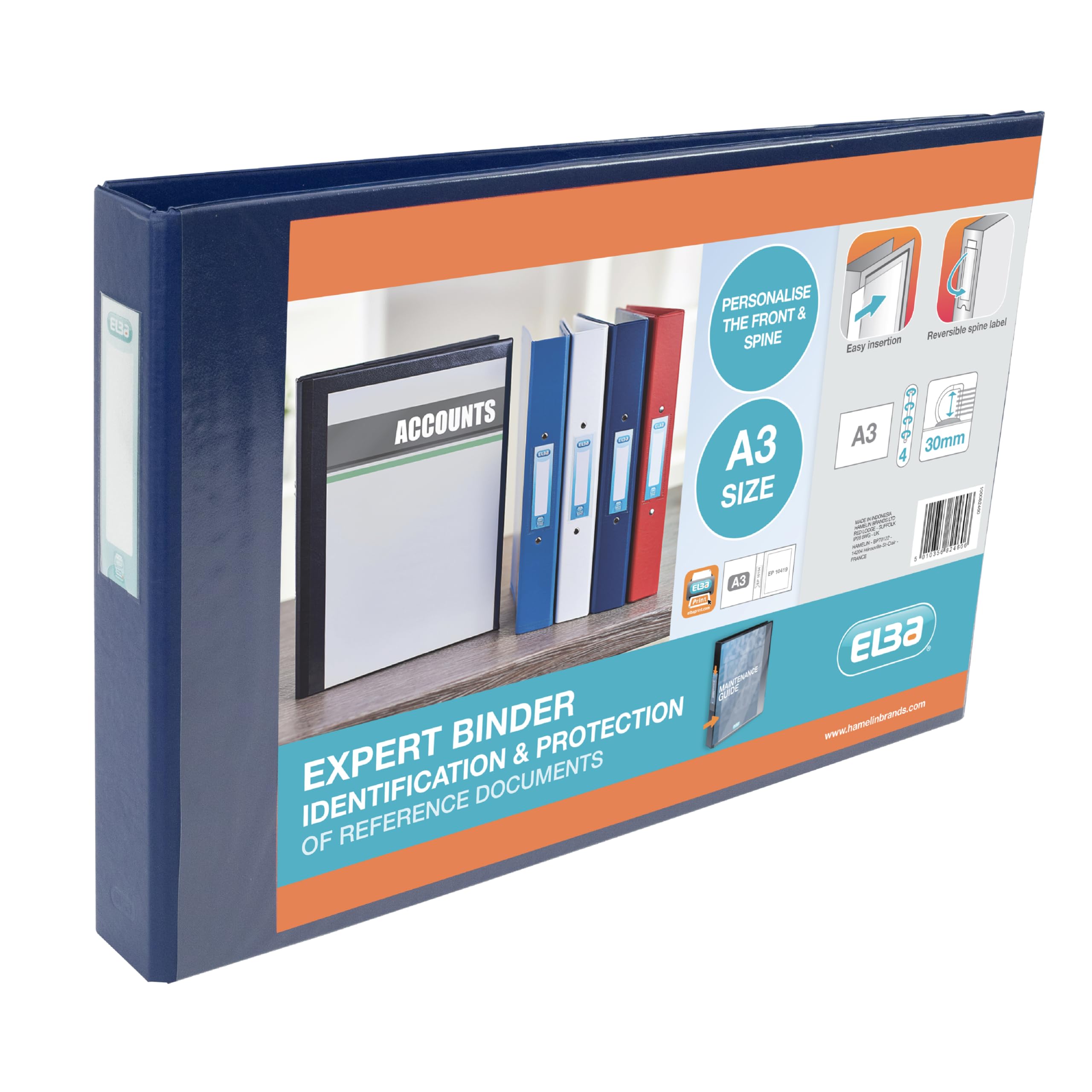 Elba A3 4 D-Ring Binder, PVC-Covered Presentation Folder with Customisable Cover, 55 mm Spine, 30 mm Capacity, Landscape, Blue, Single