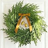 26” Christmas Wreath for Front Door, Real Touch Norfolk Christmas Wreaths with Ribbon Bow Bell Xmas Door Wreath for Indoor Outdoor Windows Wall Holiday Decor Christmas Decoration