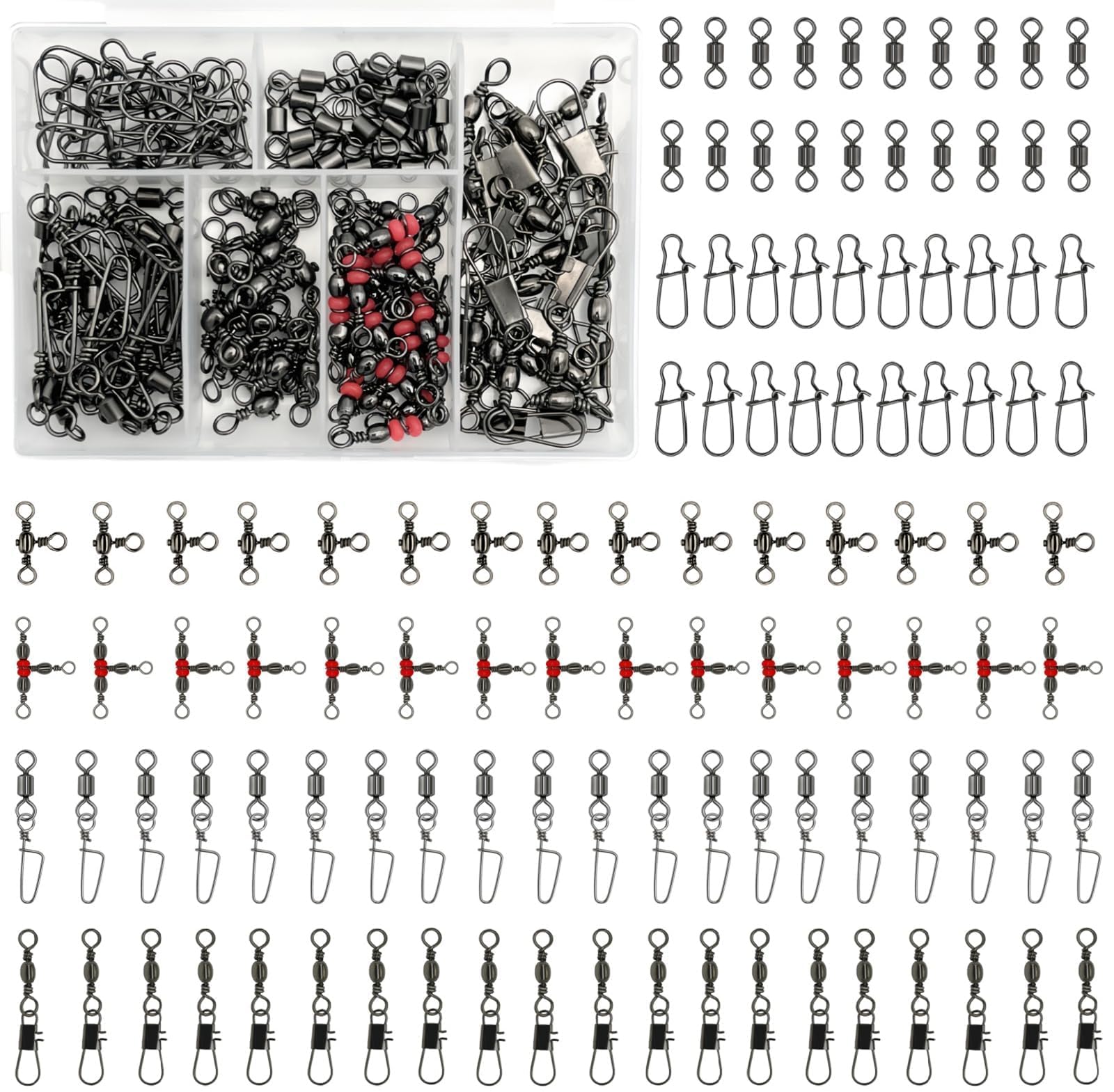 110Pcs Strong Fishing Snap Swivels Kit Include Rolling Barrel