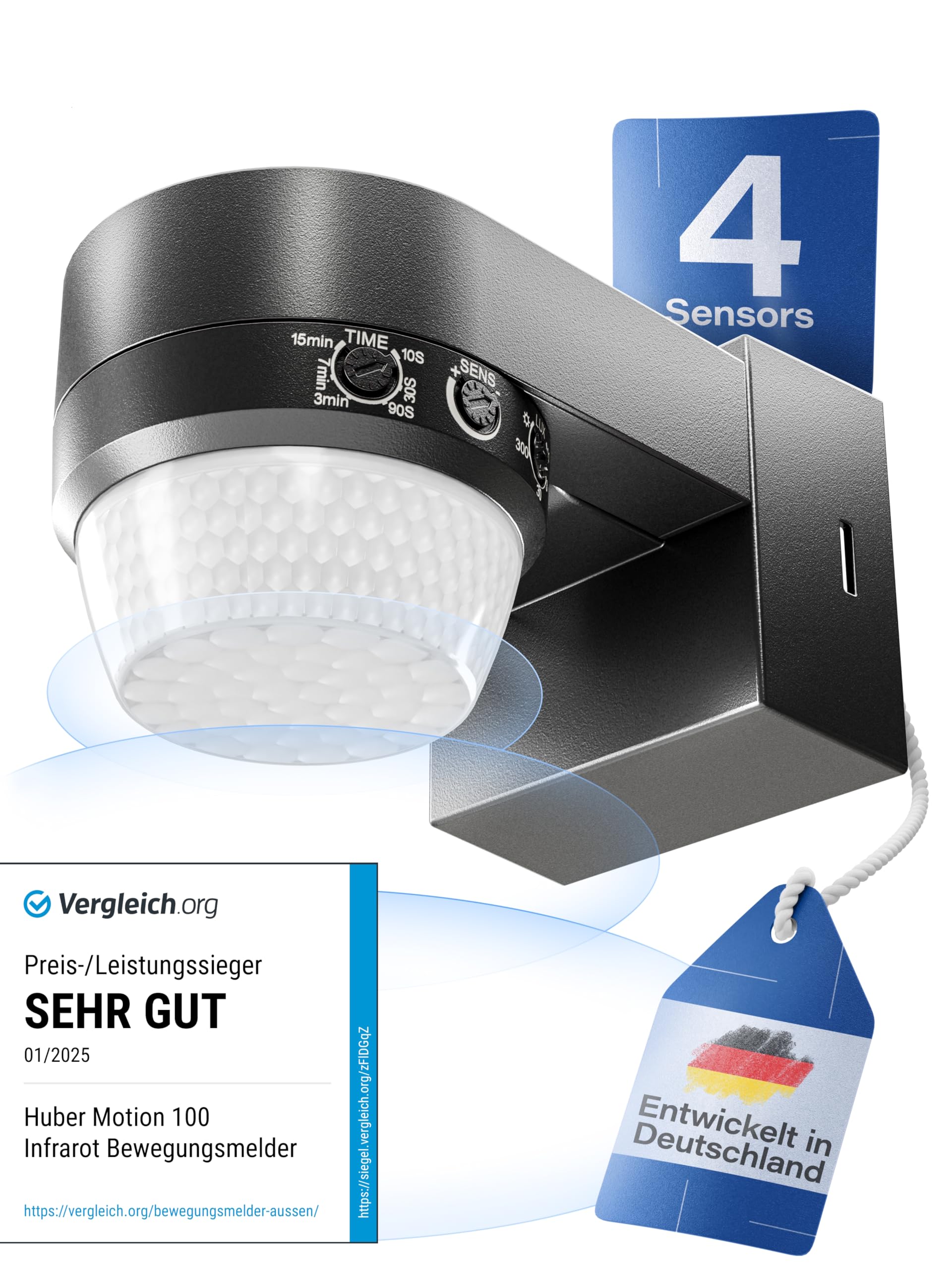 HUBER Motion 100 Infrared Motion Sensor 360° with 4 Sensors and Fresnel Lens - IP65 Motion Sensor LED Suitable I Includes Anti-Creep Protection & Area Limiting, Wall/Ceiling Mounting, Black