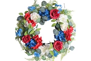 Floribus 18 Inch patriotic wreaths for front door,4th of july wreaths for front door, Roses Eucalyptus and Hydrangea Flowers for front door wreath, patriotic summer flag wreath