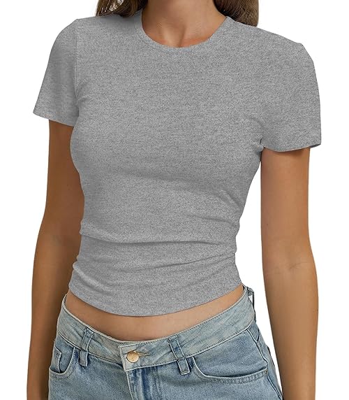 OYIGELZ Women's Basic T-Shirt Short Sleeve Crop Top Y2K Slim Fit Tops Casual Tee Shirts Streetwear(Light Floral Grey-T1,L)