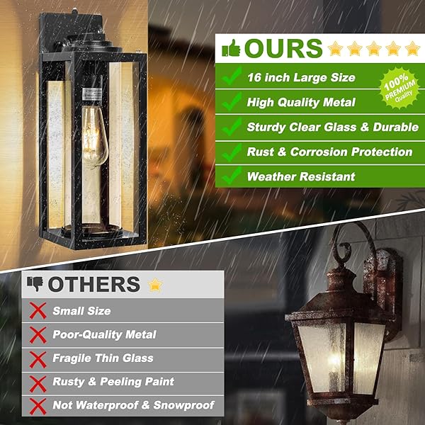 FILIYANO 16 INCH DUSK TO DAWN OUTDOOR WALL LIGHT – 2 PACK EXTERIOR WATERPROOF OUTSIDE LIGHTING, MODERN PORCH SCONCES, WALL MOUNTED FIXTURES, INDUSTRIAL ANTI-RUST MATTE BLACK LANTERN FOR FRONT DOOR