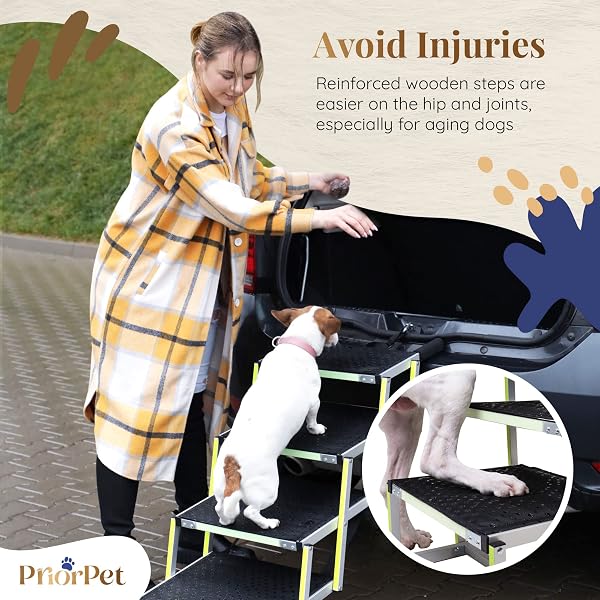 DOG STAIRS FOR LARGE DOGS PRIORPET – GLOW IN THE DARK MARKING – FOLDABLE DOG RAMP FOR CAR AND SMALL SUV – DOG STEPS FOR CAR – NON-SLIP SURFACE – DOG RAMPS FOR LARGE DOGS – 4 STEPS