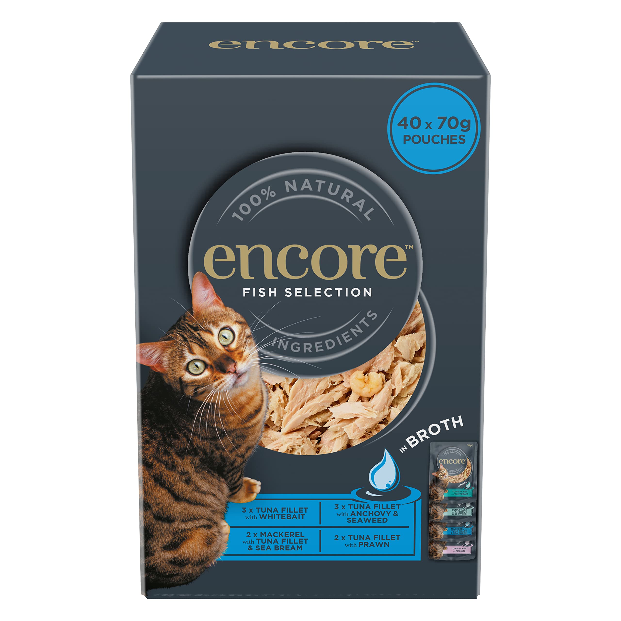 Encore 100% Natural Wet Cat Food, Multipack Fish Selection in Broth 4 x 10 x 70g (Total 40 Pouches)