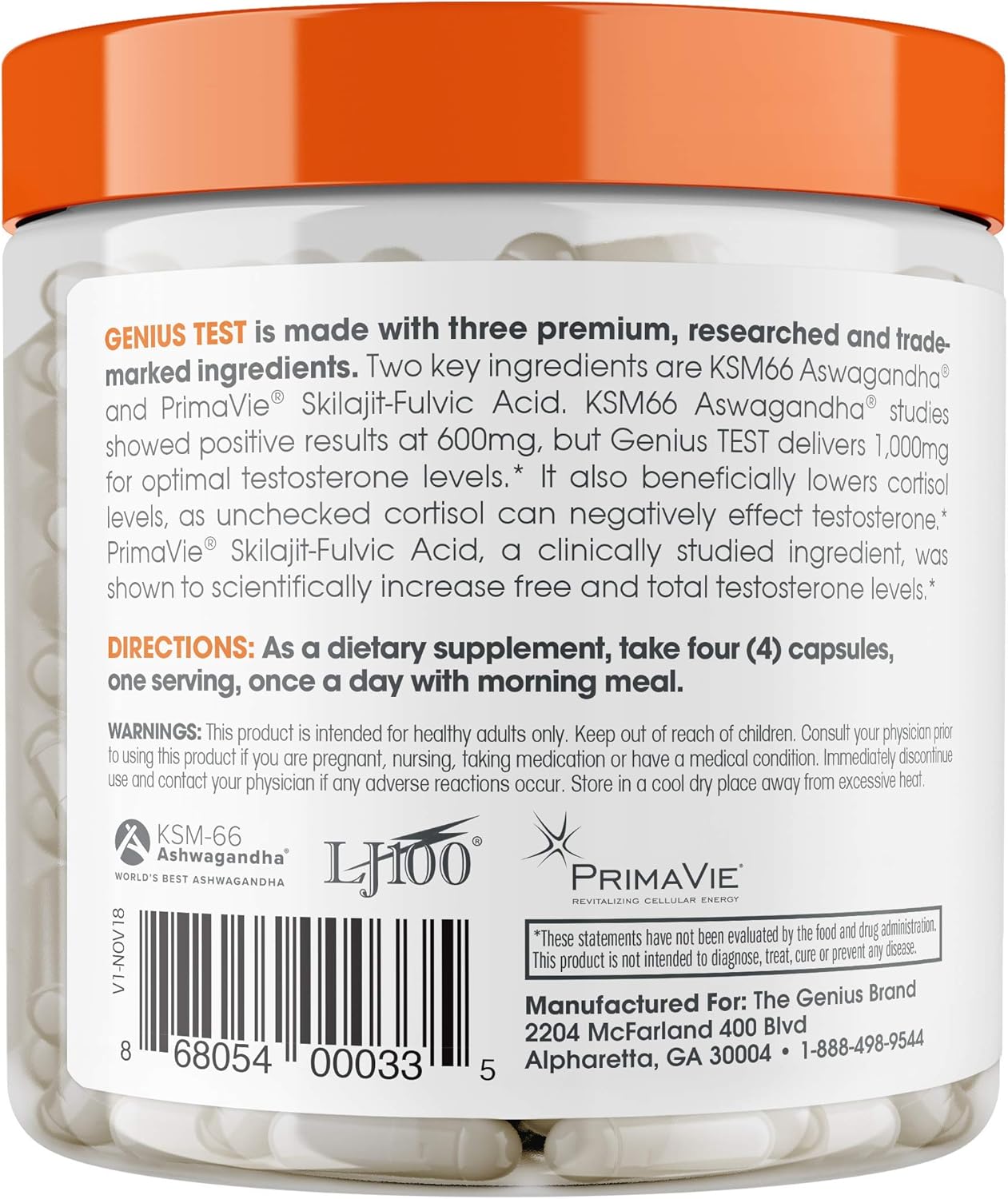Genius Test - The Smart Testosterone Booster For Men | Natural Energy Supplement, Brain & Libido Support, Fat Loss | Muscle Builder with Ksm-66 Ashwagandha, Shilajit and Tongkat Ali, 120 Veggie Pills: Health & Personal Care