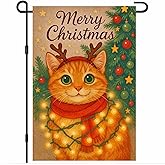 BlissYard Christmas Garden Flag 12x18 Inch Merry Christmas Orange Cat Outdoor Flag Double Sided Holiday Yard Banner with Red Scarf Reindeer Antlers and for Porch Lawn Patio