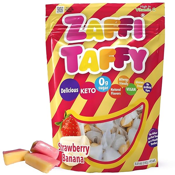 ZAFFI TAFFY SUGAR FREE CANDY – DYE FREE, KETO & DIABETIC-FRIENDLY, DENTIST-APPROVED TREATS FOR KIDS (STRAWBERRY + BANANA, 5.0 OZ)