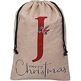 Subyan 27 x 23 Inch Burlap Christmas Gift Bag, Extra Large Reusable Personalized Monogram Letter Santa Sack with Drawstring for Xmas Party Decorations(Letter J)