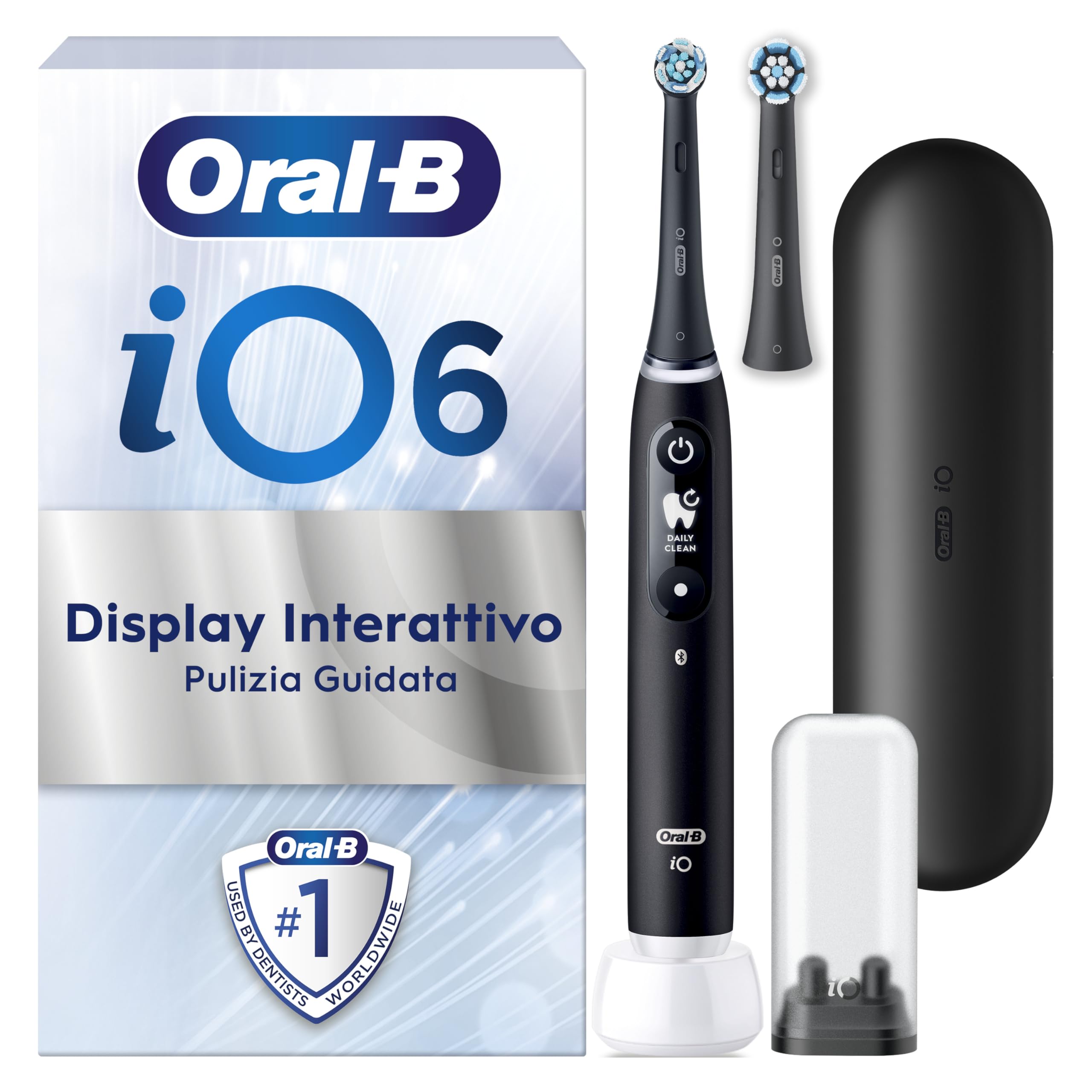 Oral-B Spazzolino Elettrico Ricaricabile iO 6 Nero, 2 Testine di Ricambio per Spazzolino Elettrico, Pulizia Denti Efficace, Custodia Viaggio, Porta Testine, Delicato Su Gengive, Sensore di Pressione