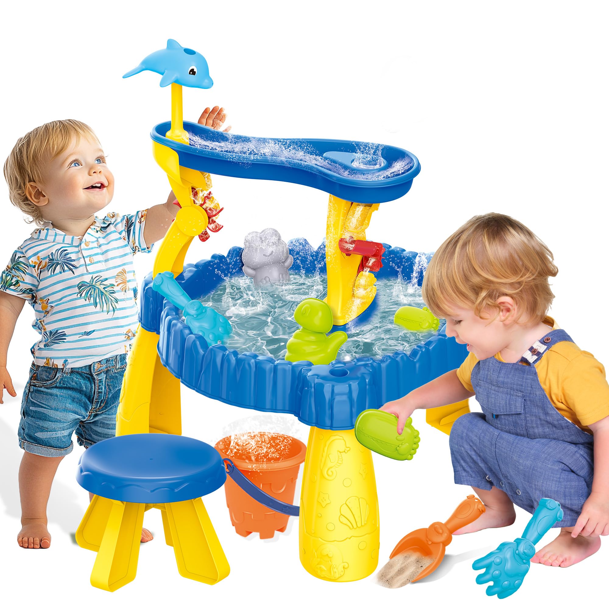 Photo 1 of BELLOCHIDDO Water Table for Toddlers 1-2 - Summer Toys, 2-Tier Rain Showers Splash Pond for Outside Beach Backyard Summer, Activity Sensory Outdoor Play Table for Toddlers
